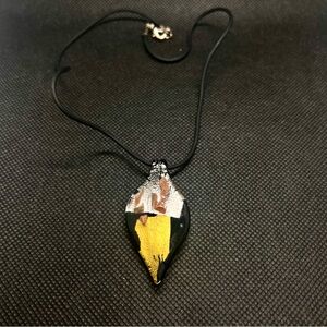 Italian Murano Glass Pendant Necklace Leather Like Chain Yellow Black‎ Silver